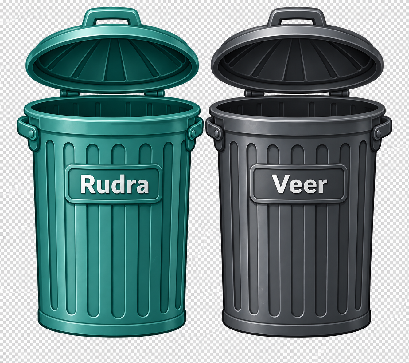 Two open trash cans: the teal can is labeled Rudra and the gray can is labeled Messi